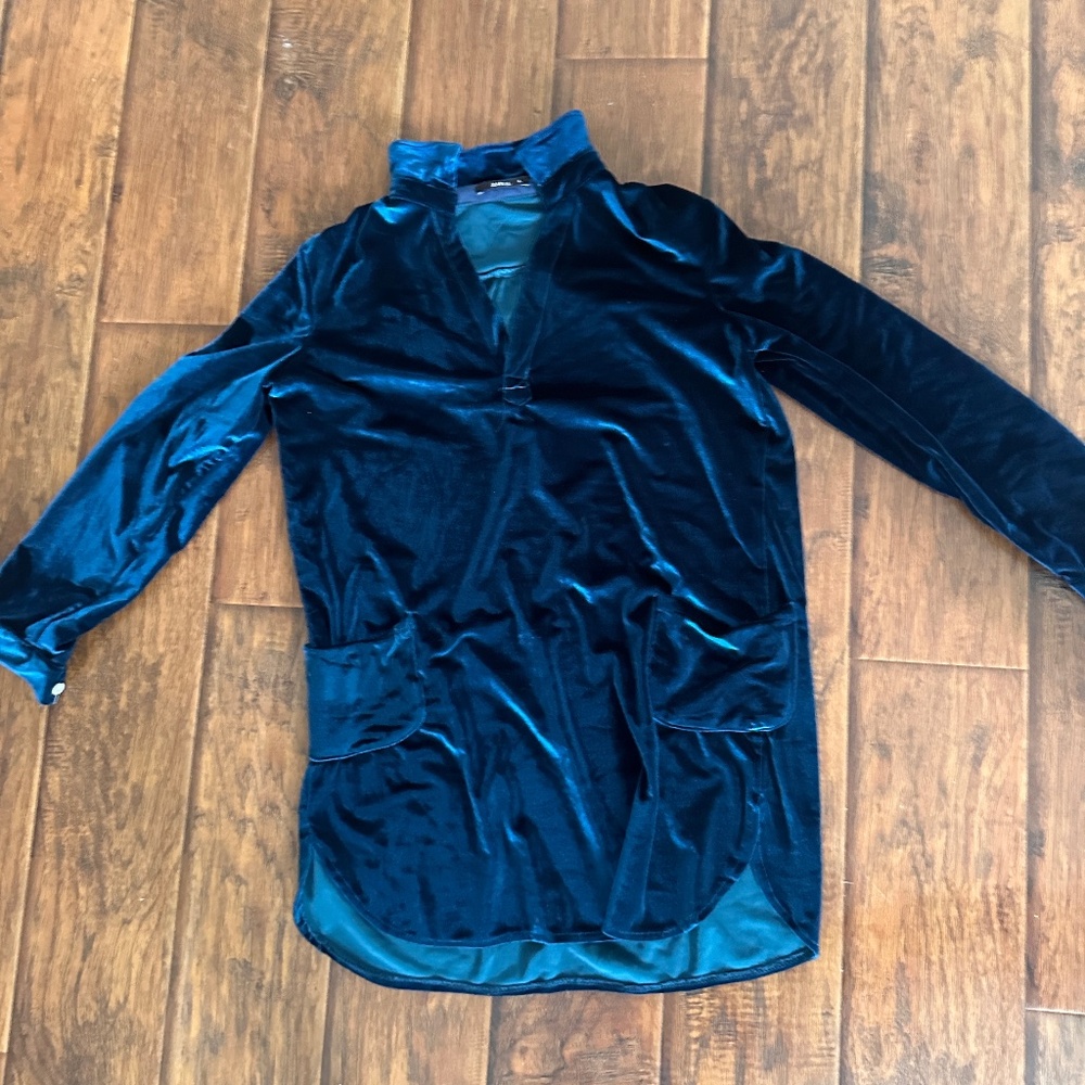 Zaful Velvet Blue Shirt Dress Collared Large